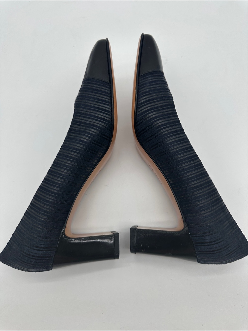 Salvatore Ferragamo Navy Striped Pumps with Black Cap Toe - Picture 6 of 10